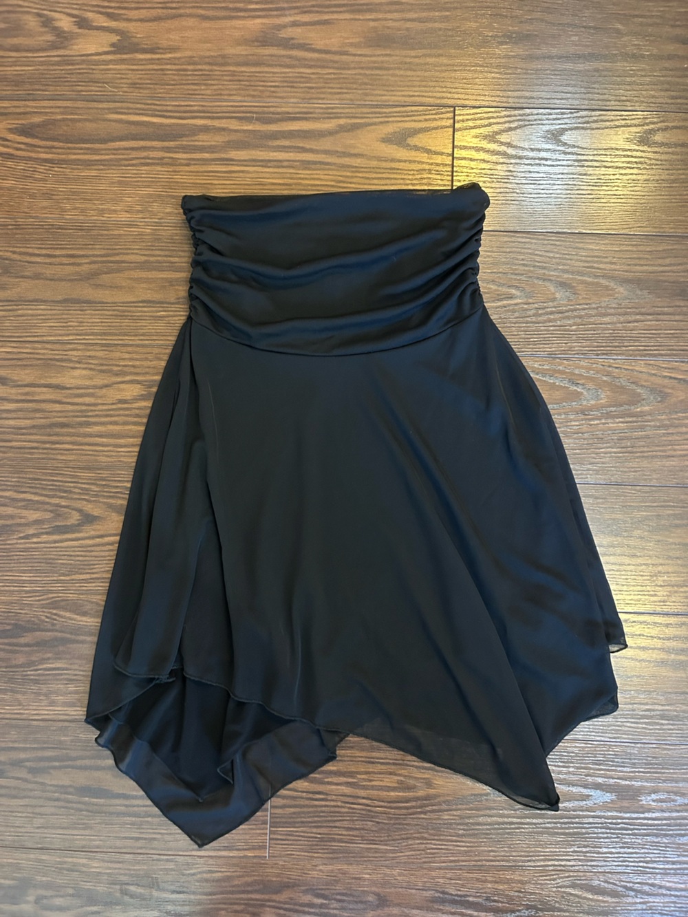 Vintage Y2K Le Chateau Black Mesh Ruched Asymmetrical Handkerchief Mini Skirt
